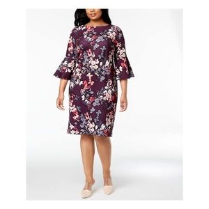 Purple Floral Bell Sleeve Sheath Cocktail Dress